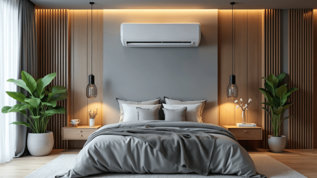 Bedroom air conditioning unit installed above wall space